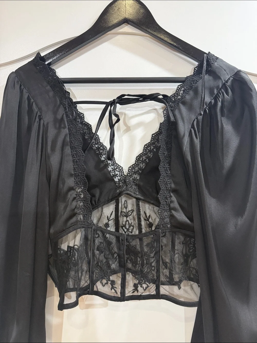 Zara Black Lace-Trim V-Neck Sheer Panel Crop Blouse